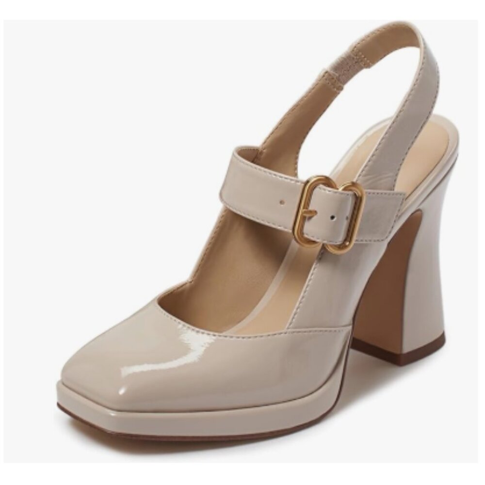 FYS Nude Platform Square Toe Pumps Block High Heel Mary Janes Slingback Shoes
